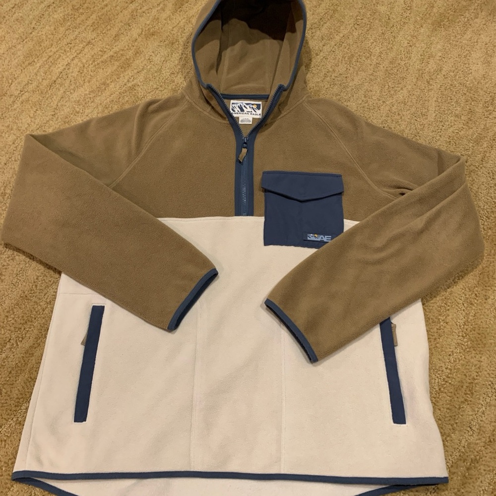 American Eagle Outfitters Size Large Front Pocket Fleece Hoodie Brown & Cream
